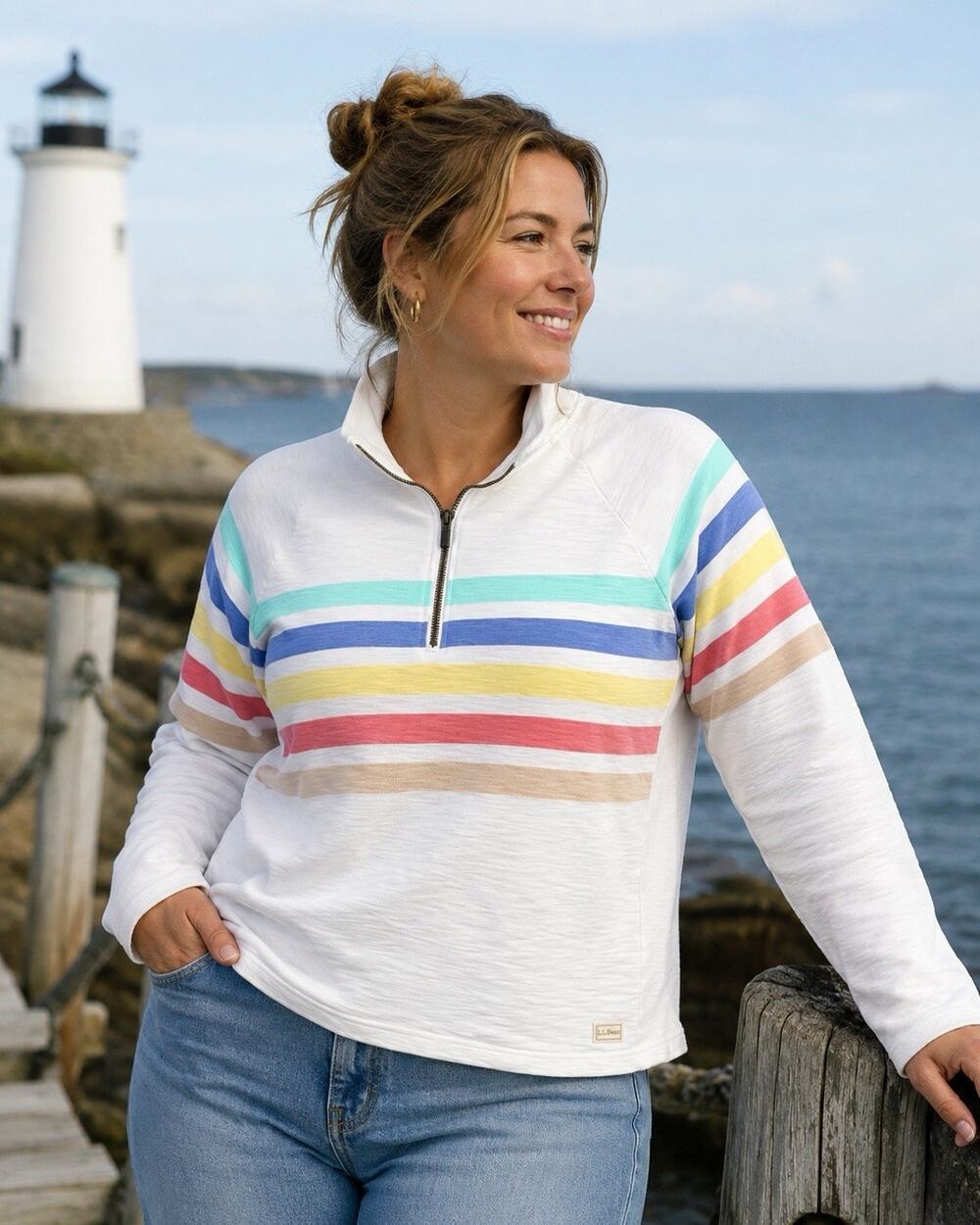 LL Bean Womens 2X Peaks Island 1/4 Zip Pullover Striped French Terry Sweatshirt